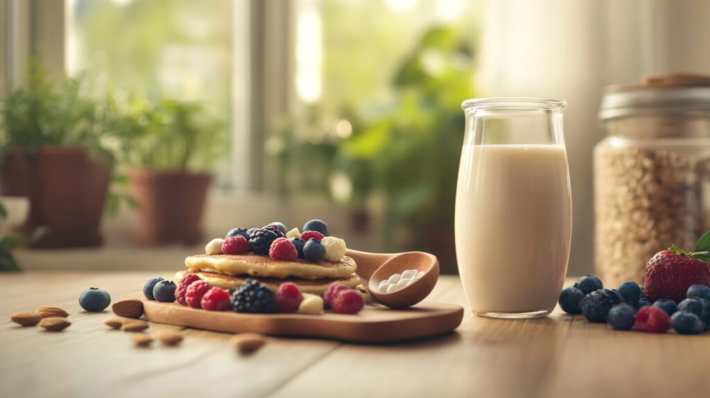 Muskelaufbau Rezepte für Frühstück Beeren mit Pancakes und Milch