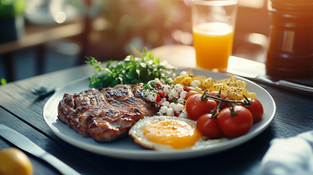Muskelaufbau Ernährungsplan mit Fleisch, Eiern Gemüse und Salat